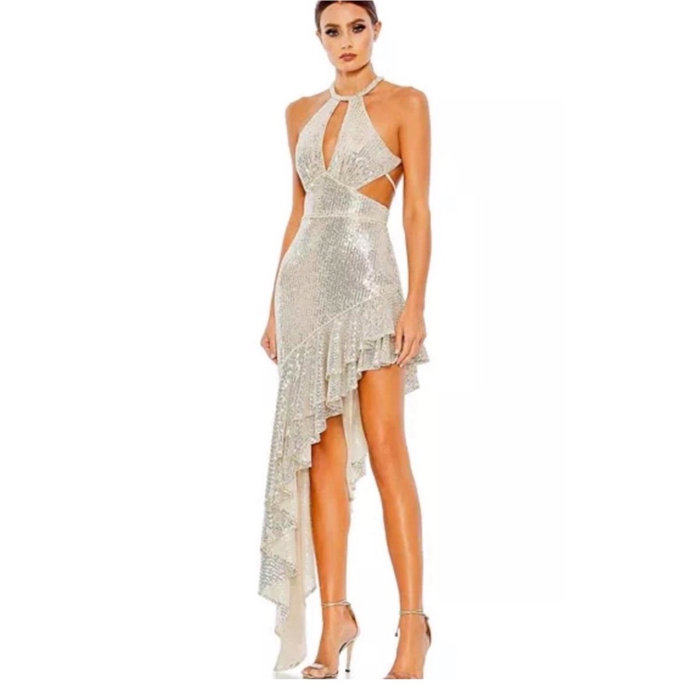 MAC DUGGAL SEQUINED HALTER CUT OUT RUFFLE ASYMMETRICAL DRESS